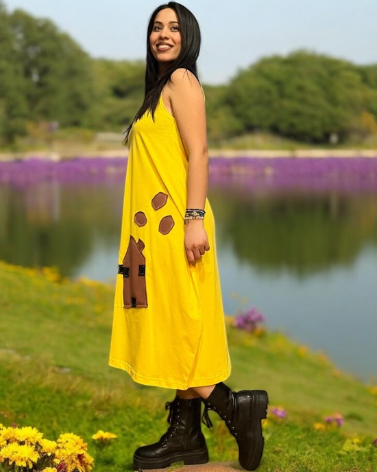 Φόρεμα Μίντι κίτρινο με τζιν τιράντες  βαμβακερό 100% Σπιτάκια με  χρώμα 