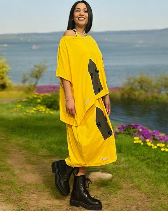 Φόρεμα Μίντι κίτρινο με τζιν τιράντες  βαμβακερό 100% Σπιτάκια με  χρώμα 