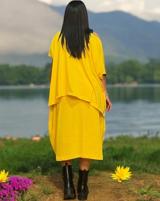 Φόρεμα Μίντι κίτρινο με τζιν τιράντες  βαμβακερό 100% Σπιτάκια με  χρώμα 