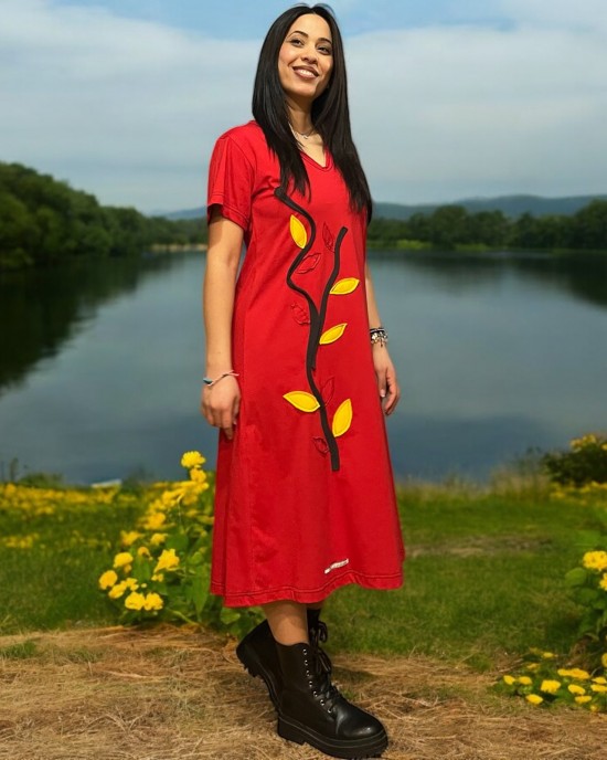 Φόρεμα μίντι σε άλφα γραμμή με V λαιμόκοψη κοντό μανίκι βαμβακερό 100% ¨Φυλλαράκια πολύχρωμα¨