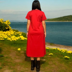 Φόρεμα μίντι σε άλφα γραμμή με V λαιμόκοψη κοντό μανίκι βαμβακερό 100% ¨Φυλλαράκια πολύχρωμα¨