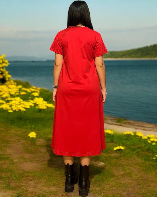 Φόρεμα μίντι σε άλφα γραμμή με V λαιμόκοψη κοντό μανίκι βαμβακερό 100% ¨Φυλλαράκια πολύχρωμα¨