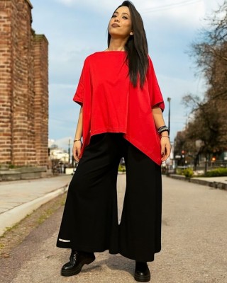 -30% ΠΡΟΣΦΟΡΑ Καλοκαιρινή  Σύνολο 2 τεμαχίων Πόντσο Κόκκινο και  Παντελόνα crop μαύρη με μήκος πάνω από τον αστράγαλο , σύνθεση υφάσματος βαμβάκι 100%