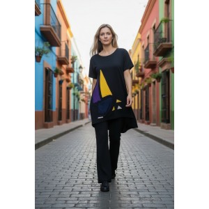 Mπλουζοφόρεμα Ασύμμετρο Μαύρο με Ιστιοφόρο Χρωματιστό και κίτρινες λεπτομέρειες