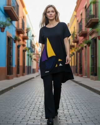 Mπλουζοφόρεμα Ασύμμετρο Μαύρο με Ιστιοφόρο Χρωματιστό και κίτρινες λεπτομέρειες