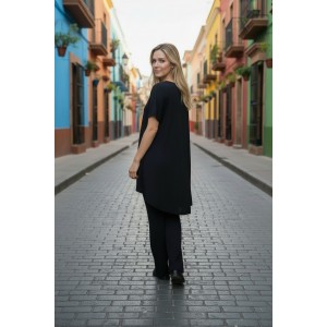 Mπλουζοφόρεμα Ασύμμετρο Μαύρο με Ιστιοφόρο Χρωματιστό και κίτρινες λεπτομέρειες