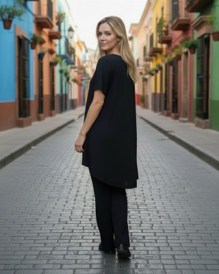 Mπλουζοφόρεμα Ασύμμετρο Μαύρο με Ιστιοφόρο Χρωματιστό και κίτρινες λεπτομέρειες