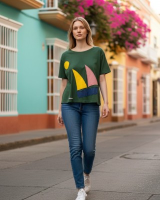 Mπλούζα  με κοντό μανίκι, χαμόγελο λαιμόκοψη, ύφασμα μπλούζας βαμβάκι 100%, μήκος από ώμο 65εκ., με σχέδιο sunflower