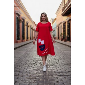 Φόρεμα midi alpha line, χρώμα μαύρο ή κόκκινο, στρόγγυλη λαιμόκοψη,  μήκος 112εκ από ώμο, Βαμβάκι 100%, Σχέδιο καραβάκι τζιν 