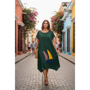 Κυπαρισσί Φόρεμα μίντι, με μύτες στο πλάι, μήκος από τον ώμο 110εκ., άνετο και δροσερό βαμβάκι 100%, Κοντό μανίκι με σχέδιο το καραβάκι  