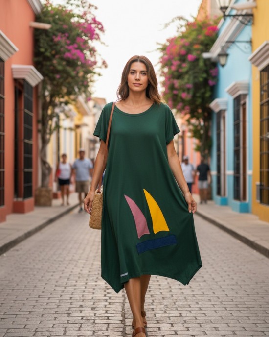 Κυπαρισσί Φόρεμα μίντι, με μύτες στο πλάι, μήκος από τον ώμο 110εκ., άνετο και δροσερό βαμβάκι 100%, Κοντό μανίκι με σχέδιο το καραβάκι  