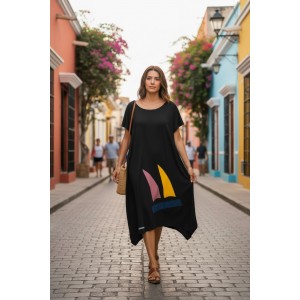 Κυπαρισσί Φόρεμα μίντι, με μύτες στο πλάι, μήκος από τον ώμο 110εκ., άνετο και δροσερό βαμβάκι 100%, Κοντό μανίκι με σχέδιο το καραβάκι  