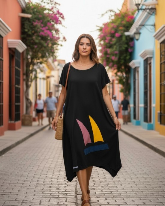 Κυπαρισσί Φόρεμα μίντι, με μύτες στο πλάι, μήκος από τον ώμο 110εκ., άνετο και δροσερό βαμβάκι 100%, Κοντό μανίκι με σχέδιο το καραβάκι  