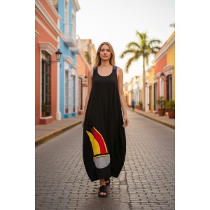  Φόρεμα μακρύ, αμάνικο, με τζιν τιράντες, μήκος από τον ώμο 130εκ., άνετο και δροσερό βαμβάκι 100%, με σχέδιο το πολύχρωμο καραβάκι 