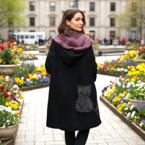 Ασύμμετρο Πανωφόρι Midi, μαύρο, σε στυλ κάπας με μανίκι, Χειροποίητο με αγάπη,  Άνετο ζεστό, Φούτερ με χνούδι, με πλαϊνές τσέπες, ΧΩΡΙΣ φερμουάρ, σχέδιο Γατούλα