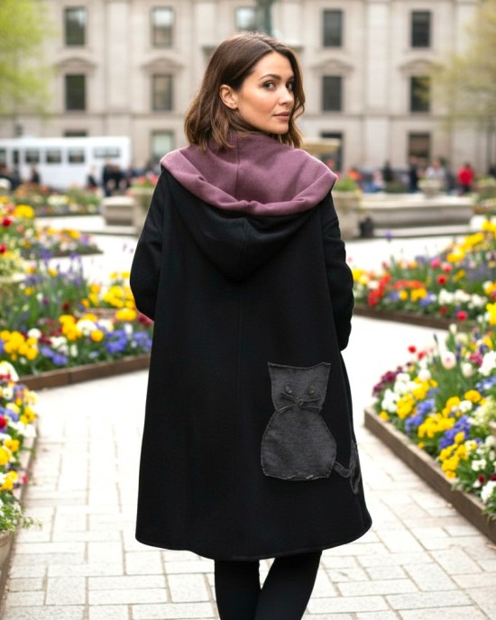 Ασύμμετρο Πανωφόρι Midi, μαύρο, σε στυλ κάπας με μανίκι, Χειροποίητο με αγάπη,  Άνετο ζεστό, Φούτερ με χνούδι, με πλαϊνές τσέπες, ΧΩΡΙΣ φερμουάρ, σχέδιο Γατούλα