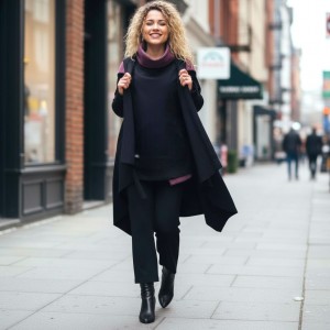 Ασύμμετρο Πανωφόρι Midi, μαύρο, σε στυλ κάπας με μανίκι, Χειροποίητο με αγάπη,  Άνετο ζεστό, Φούτερ με χνούδι, με πλαϊνές τσέπες, ΧΩΡΙΣ φερμουάρ, σχέδιο Γατούλα