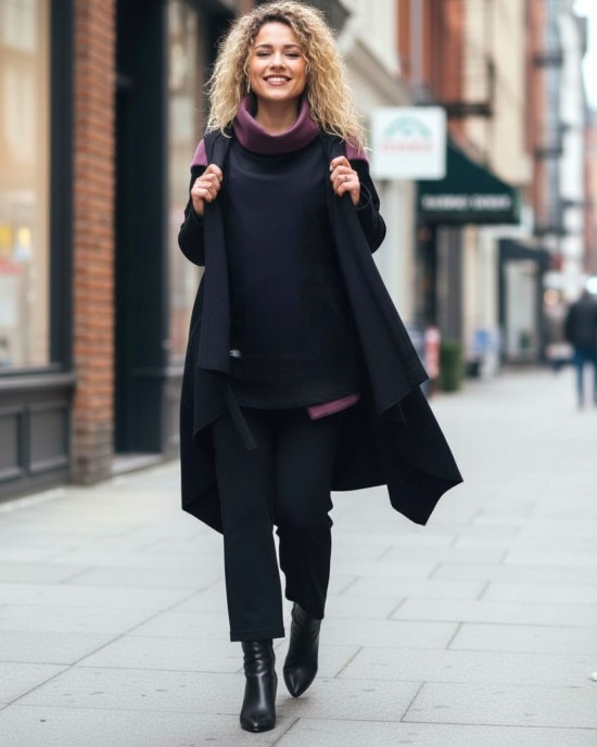 Πανωφόρι Midi, μαύρο ασύμμετρο, σε στυλ κάπας με μανίκι, Χειροποίητο με αγάπη, με Κουκούλα, Άνετο ζεστό, Φούτερ με χνούδι, με πλαϊνές τσέπες, ΧΩΡΙΣ φερμουάρ, Melodically 