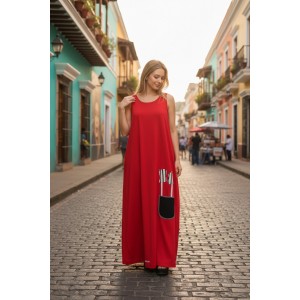 Φόρεμα μακρύ αμάνικο, σε χρώμα κόκκινο ή μαύρο, σε άλφα γραμμή, μήκος από τον ώμο 135εκ., άνετο και δροσερό βαμβάκι 100%,  με Σχέδιο το τζιν Καραβάκι 