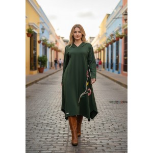 Φόρεμα midi ασύμμετρο με ανοίγματα στο πλάι, με λαιμόκοψη στρόγγυλη, κουκούλα, μακρύ μανίκι, μήκος 115εκ, Βαμβάκι 95% με ελασταν 5%  Ήλιος 