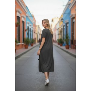 Φόρεμα midi balloon, χρώμα γκρι σκούρο ή μαύρο, στρόγγυλη λαιμόκοψη, με κοντό μανίκι, μήκος 115εκ από ώμο, Βαμβάκι 100%, Σχέδιο Koυκουβάγια 