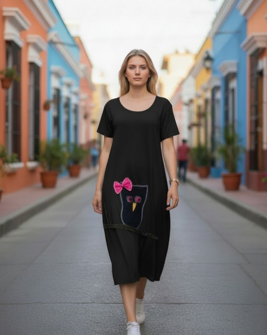 Φόρεμα midi balloon, χρώμα γκρι σκούρο ή μαύρο, στρόγγυλη λαιμόκοψη, με κοντό μανίκι, μήκος 115εκ από ώμο, Βαμβάκι 100%, Σχέδιο Koυκουβάγια 