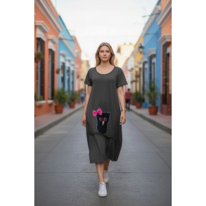 Φόρεμα midi balloon, χρώμα γκρι σκούρο ή μαύρο, στρόγγυλη λαιμόκοψη, με κοντό μανίκι, μήκος 115εκ από ώμο, Βαμβάκι 100%, Σχέδιο Koυκουβάγια 