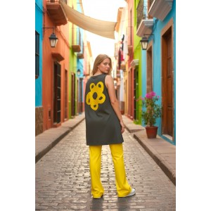 Mπλούζα μακριά αμάνικη Ασύμμετρη χακί Κίτρινο Λουλούδι διακοσμεί το πίσω μέρος της μπλούζας Βαμβάκι 100% 