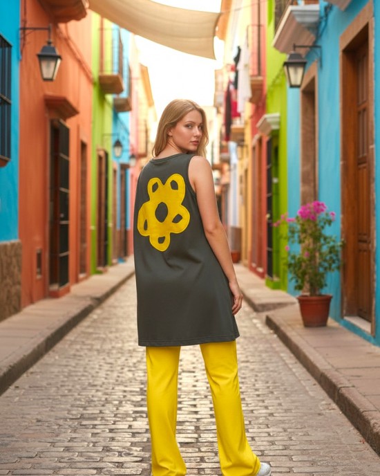 Mπλούζα μακριά αμάνικη Ασύμμετρη χακί Κίτρινο Λουλούδι διακοσμεί το πίσω μέρος της μπλούζας Βαμβάκι 100% 