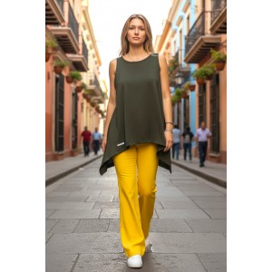 Mπλούζα μακριά αμάνικη Ασύμμετρη χακί Κίτρινο Λουλούδι διακοσμεί το πίσω μέρος της μπλούζας Βαμβάκι 100% 