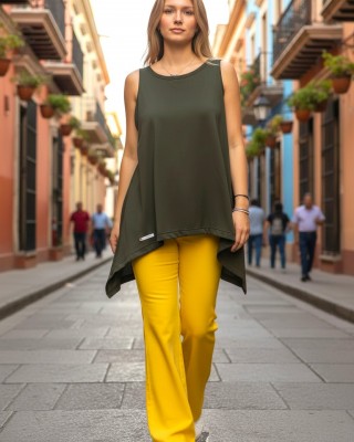 Mπλούζα μακριά αμάνικη Ασύμμετρη χακί Κίτρινο Λουλούδι διακοσμεί το πίσω μέρος της μπλούζας Βαμβάκι 100% 