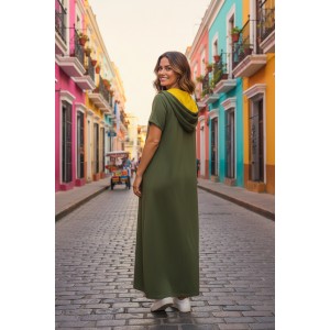 Φόρεμα μακρύ, σε άλφα γραμμή, μήκος από ώμο 135εκ.,με κουκούλα σε μαύρο χρώμα με κίτρινο εσωτερικά, βαμβάκι 100%, Κοντό μανίκι με σχέδιο τις δύο γατούλες