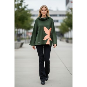 Μπλούζα κυπαρισσί, με μακρύ άνετο ρεγκλάν Μανίκι με ντραπέ λαιμό, μήκος 65εκ, ύφασμα Interlock, Ροζ λουλούδι 