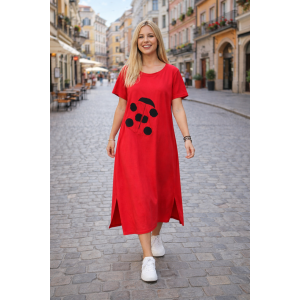 Φόρεμα midi , με λαιμόκοψη στρόγγυλη, κοντό μανίκι, σε άλφα γραμμή, μήκος 115εκ από ώμο, έχει μικρά ανοίγματα στο πλάι, βαμβάκι 100%, με σχέδιο Πασχαλίτσα 