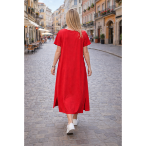 Φόρεμα midi , με λαιμόκοψη στρόγγυλη, κοντό μανίκι, σε άλφα γραμμή, μήκος 115εκ από ώμο, έχει μικρά ανοίγματα στο πλάι, βαμβάκι 100%, με σχέδιο Πασχαλίτσα 