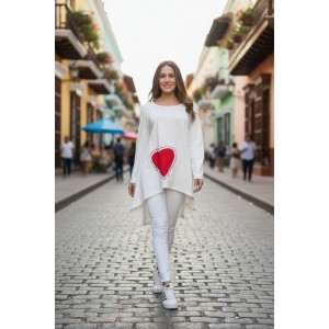 Μπλουζοφόρεμα ασύμμετρο, χρώμα λευκό, με στρόγγυλη λαιμόκοψη, με ουρά, μακρύ μανίκι, μήκος 70εκ μπροστινό μέρος και πίσω μέρος 80εκ.,ύφασμα Βαμβάκι100% ελαστάν , σχέδιο κόκκινη καρδιά 