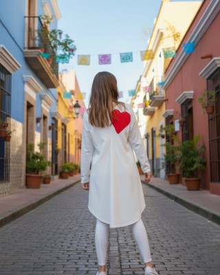 Μπλουζοφόρεμα ασύμμετρο, χρώμα λευκό, με στρόγγυλη λαιμόκοψη, με ουρά, μακρύ μανίκι, μήκος 70εκ μπροστινό μέρος και πίσω μέρος 80εκ.,ύφασμα Βαμβάκι100% ελαστάν , σχέδιο κόκκινη καρδιά 