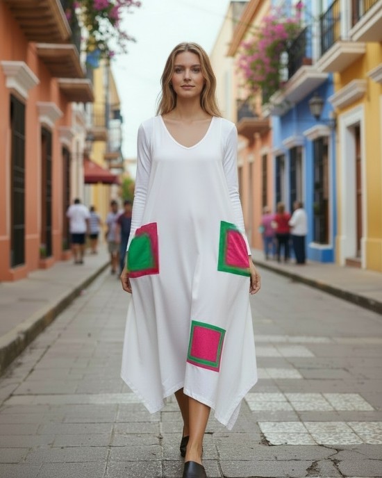 Μίντι φόρεμα, V λαιμόκοψη,  με μακρύ μανίκι, μικρά πλαϊνά ανοίγματα στο τελείωμα, μήκος 115εκ., Βαμβάκι100% με σχέδιο τα πολύχρωμα τετράγωνα