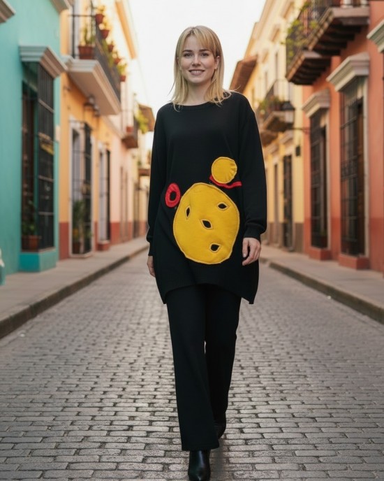 Μπλουζοφόρεμα μαύρο στρόγγυλη λαιμόκοψη, βαμβάκι 95% ελασταν 5%,  μικρά πλαϊνά ανοίγματα στο τελείωμα, σχέδιο O Αγαπημένος Πρίγκιπας