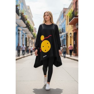 Mπλουζοφόρεμα Ασύμμετρο μαύρο , με μακρύ μανίκι, μήκος 80εκ μπροστινό μέρος και πίσω μέρος 90εκ.,. με στρόγγυλη λαιμόκοψη, Βαμβάκι 95% ελαστάν 5%, με σχέδιο ο μικρός πρίγκιπας 