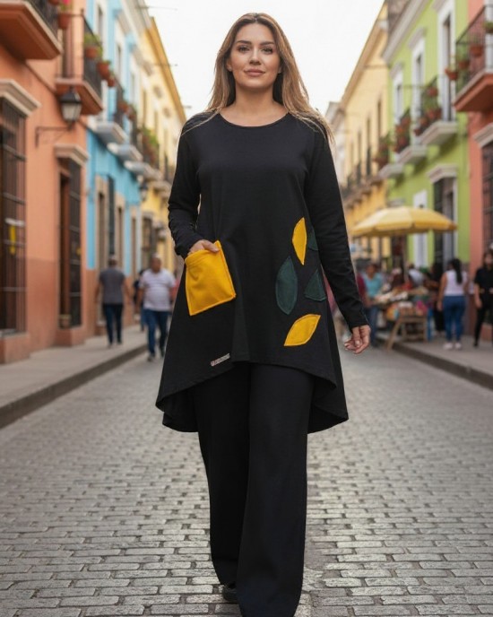 Mπλουζοφόρεμα Ασύμμετρο μαυρό, στρόγγυλη λαιμόκοψη, τσέπι σε χρώμα κίτρινο,  μακρύ μανίκι, μήκος 80εκ μπροστινό μέρος και πίσω μέρος 90εκ.,  Βαμβάκι 95% ελαστάν 5%, με σχέδιο φυλλαράκια