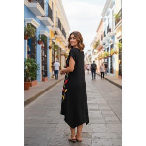 Μαύρο  Φόρεμα μίντι με μύτες στο πλάι, μήκος από τον ώμο 115εκ., άνετο και δροσερό βαμβάκι 100%, Κοντό μανίκι με σχέδιο   ΛουΛούδι 