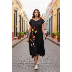 Μαύρο  Φόρεμα μίντι με μύτες στο πλάι, μήκος από τον ώμο 115εκ., άνετο και δροσερό βαμβάκι 100%, Κοντό μανίκι με σχέδιο   ΛουΛούδι 