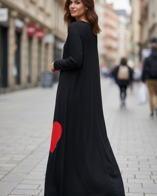 Μακρύ Φόρεμα, μακρύ μανίκι, βαμβάκι95% ελαστάν ,με στρόγγυλη λαιμόκοψη, μήκος 137εκ., με σχέδιο Καρδιές 