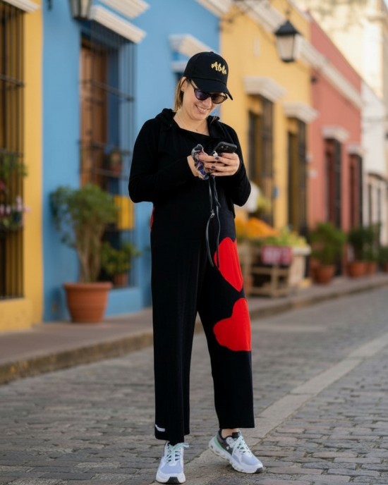 Σαλοπέτα μαύρη, ίσια χαλαρή γραμμή,  με κορδονάκια στο επάνω μέρος, για κάθε εποχή, σύνθεση υφάσματος Βαμβάκι 100%, με σχέδιο 2 κόκκινες καρδιές μπροστά 