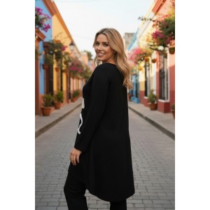 Μπλουζοφόρεμα ασύμμετρο, χρώμα μαύρο, με στρόγγυλη λαιμόκοψη, μακρύ μανίκι, μήκος 80εκ μπροστινό μέρος και πίσω μέρος 90εκ.,ύφασμα Βαμβάκι95% ελαστάν 5%   κίτρινη μαργαρίτα