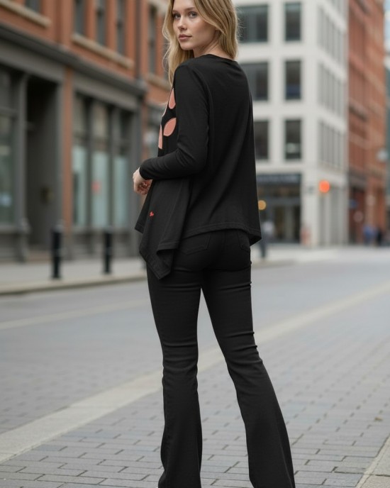 Μπλούζα με μακρύ μανίκι , ασύμμετρη, με V λαιμόκοψη, με μύτες στο τελείωμα, ανοίγματα στο πλάι βαμβάκι 95% ελασταν5%, μήκος 65εκ., με σχεδιο Ροζ Φύλλα