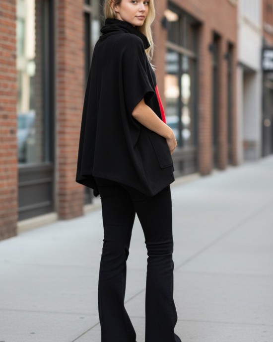 Πόντσο, χρώμα μαύρο, φούτερ με χνούδι, χουχουλιάρικο, άνετο, με τσέπη και λαιμό, σχέδιο κόκκινες Καρδιές