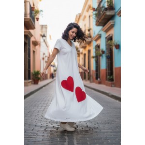 Φόρεμα μακρύ ,V λαιμόκοψη , μήκος από τον ώμο 135εκ., άνετο και δροσερό βαμβάκι 100%, Κοντό μανίκι με σχέδιο Καρδιές Κόκκινες 