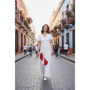 Φόρεμα μακρύ ,V λαιμόκοψη , μήκος από τον ώμο 135εκ., άνετο και δροσερό βαμβάκι 100%, Κοντό μανίκι με σχέδιο Καρδιές Κόκκινες 